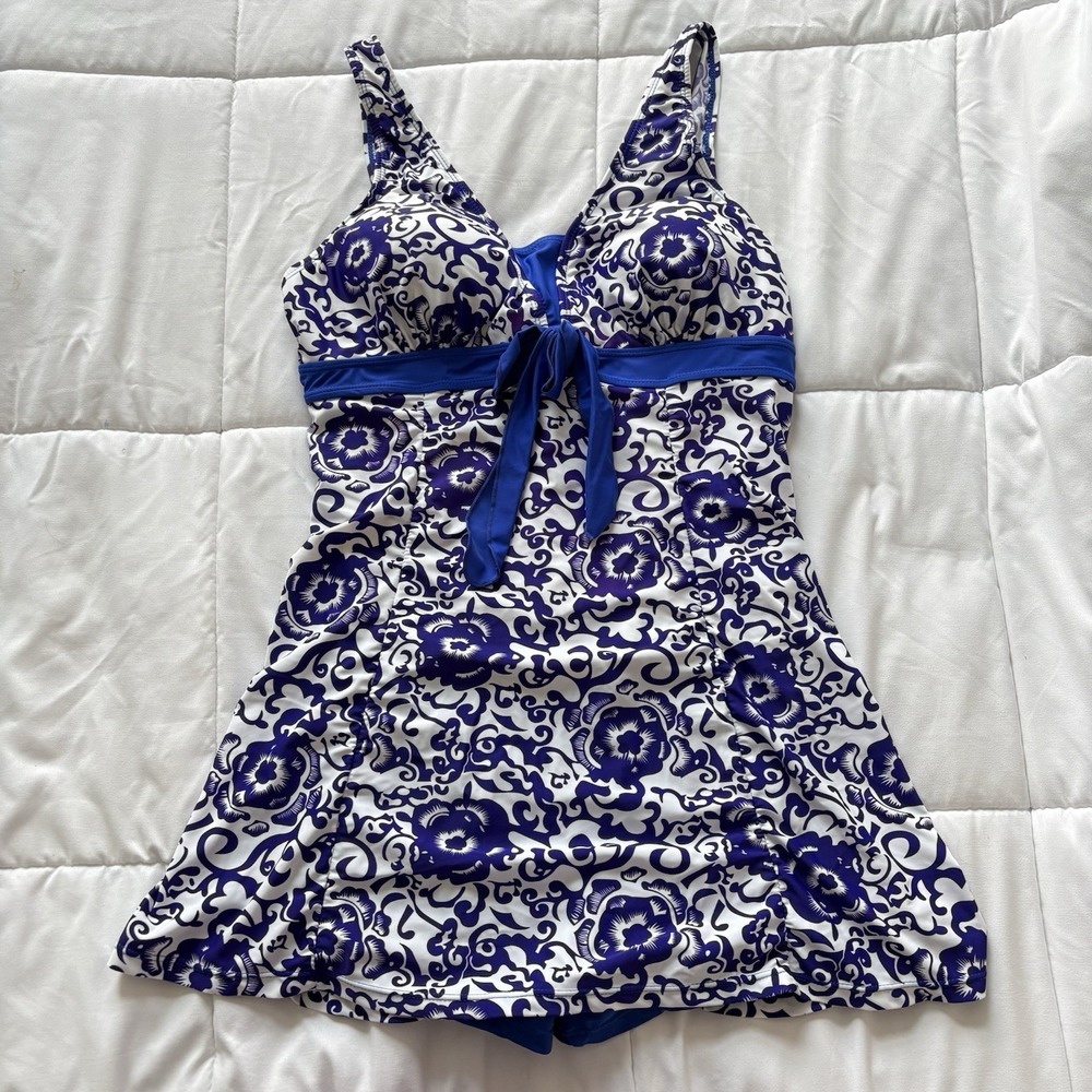 Vintage One Piece Swimsuit Womens 14 Beach Floral Blue Feminine Whimsy Summer
